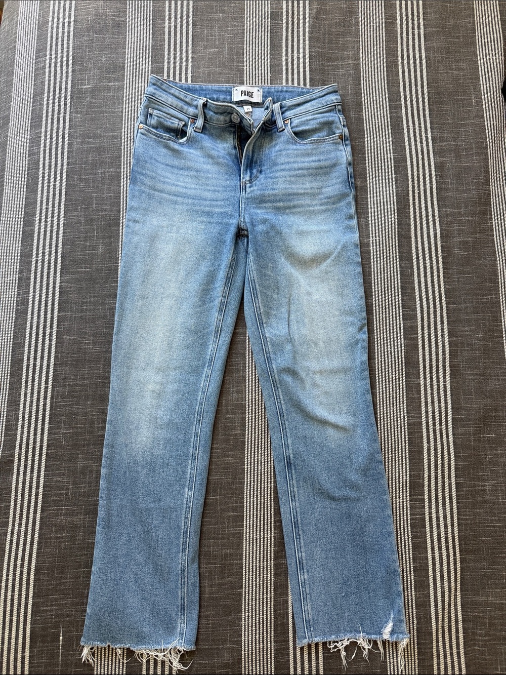 PAIGE Medium Wash Straight Leg Jeans with Raw Hem